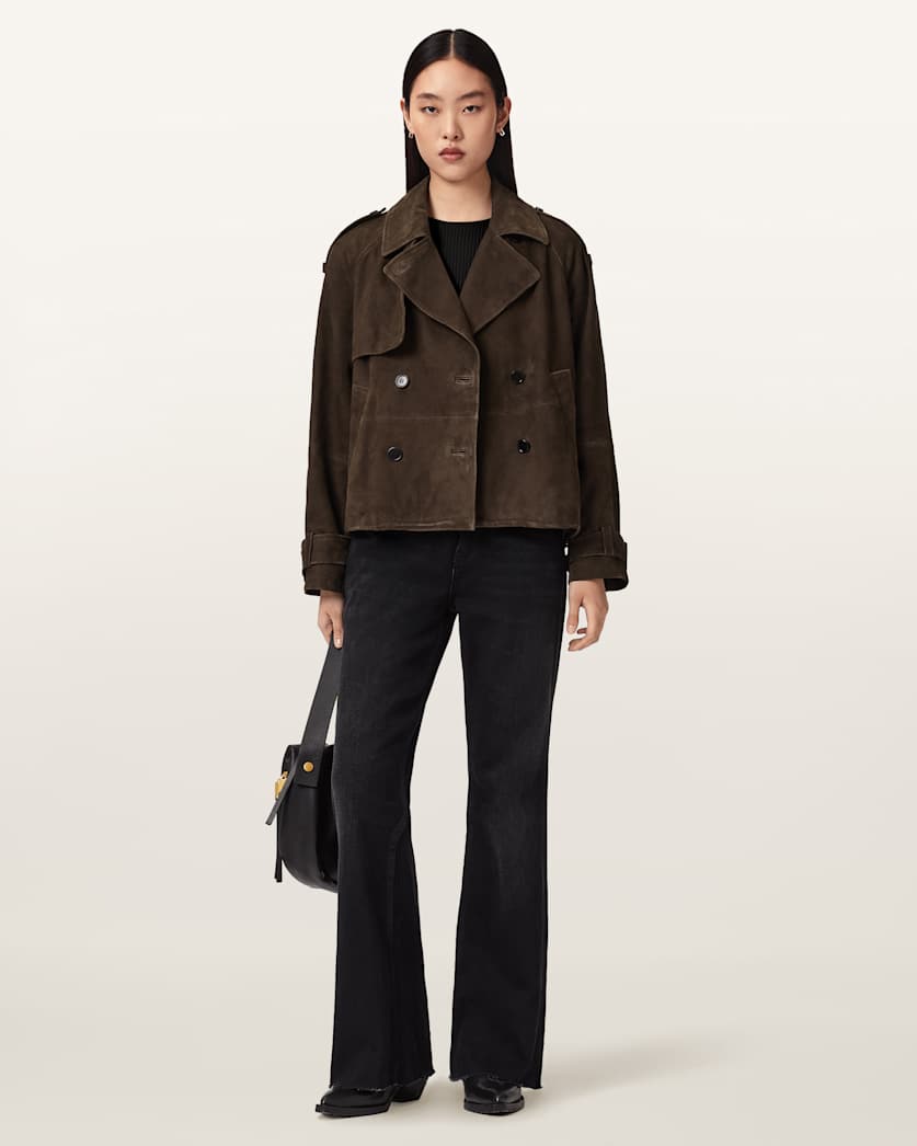 Reya Cropped Suede Mac Bitter Brown | ALLSAINTS